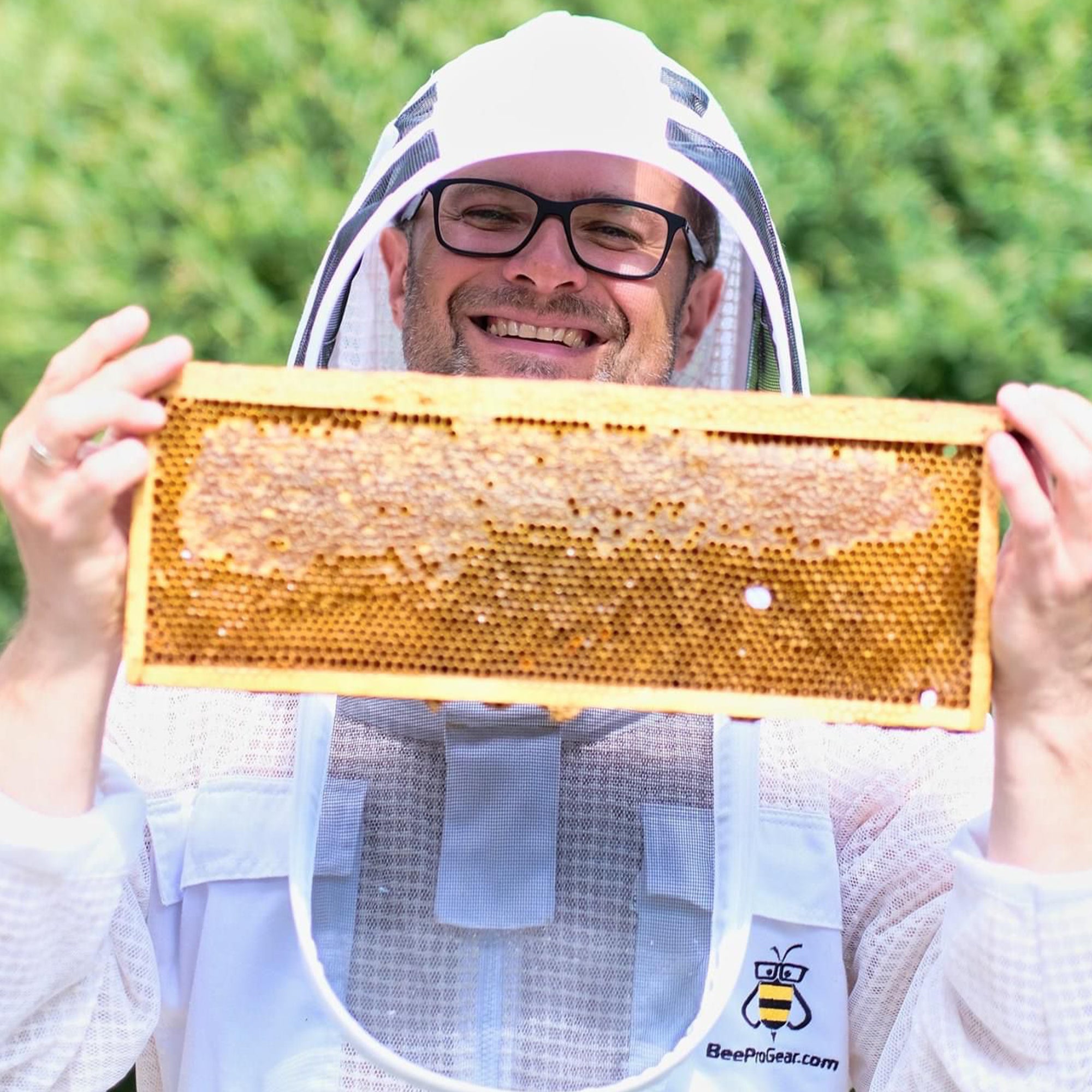 Beekeeper holding honeycomb frame